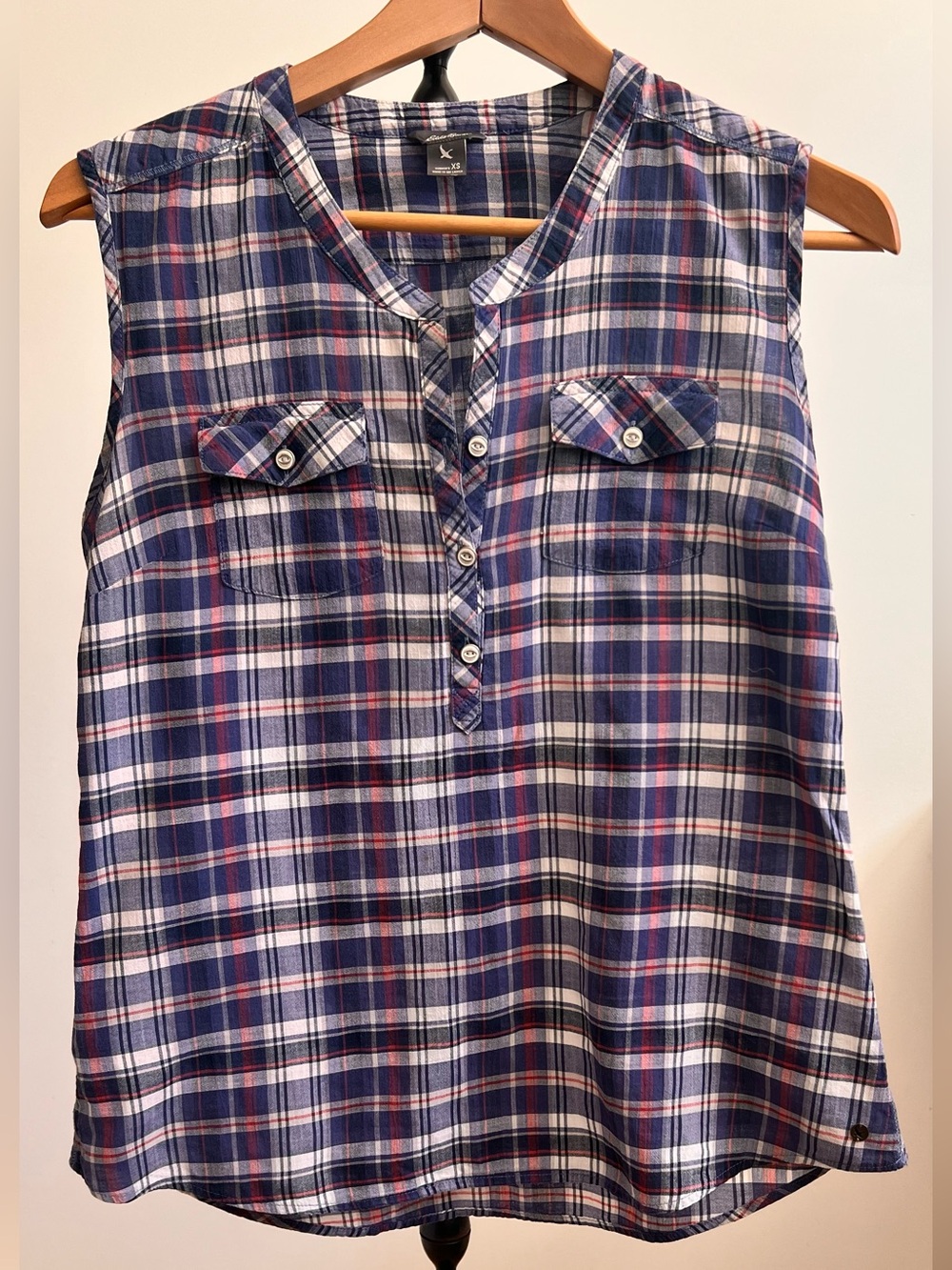 Eddie Bauer Blue and White Plaid Sleeveless Button Henley Top